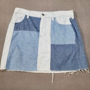 Hollister Mini Skirt Womens 7 Blue Patchwork Denim Y2K Frayed Hem Preppy